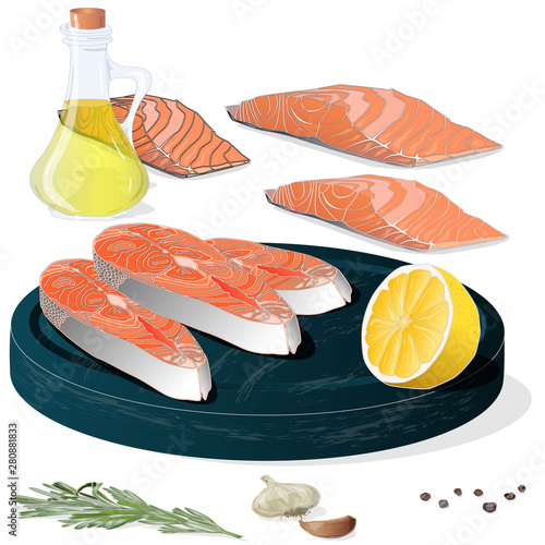 Raw salmon fillets with herbs on wooden desk. White background. Vector illustration
