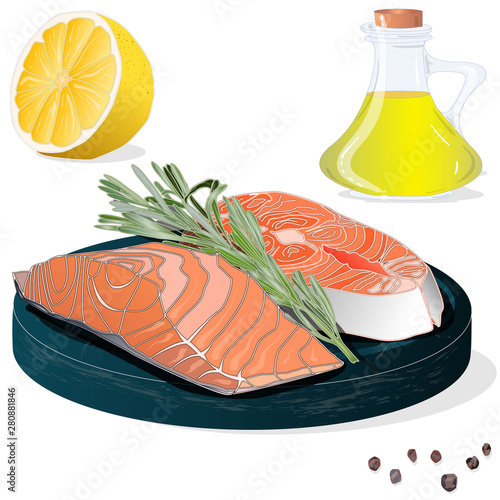 Raw salmon fillets with herbs on wooden desk. White background. Vector illustration