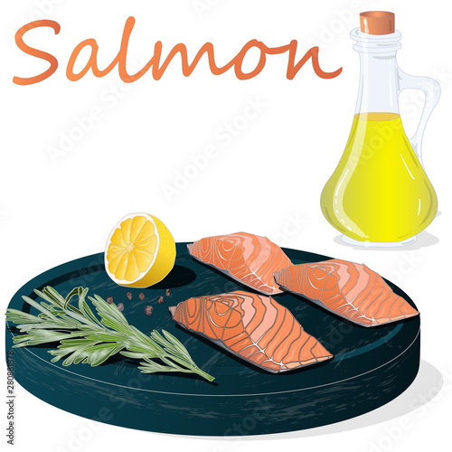 Raw salmon fillets with herbs on wooden desk. White background. Vector illustration