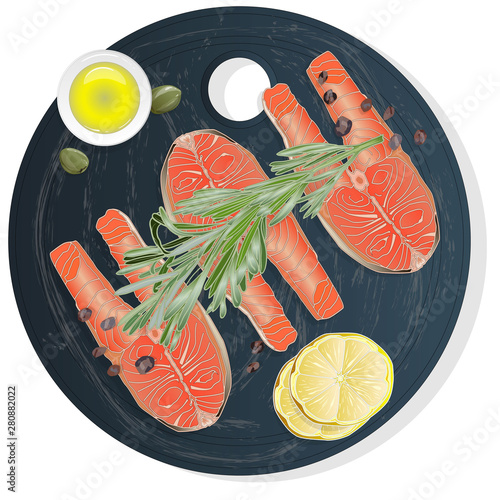 Raw salmon fillets with herbs on wooden desk. White background. Vector illustration