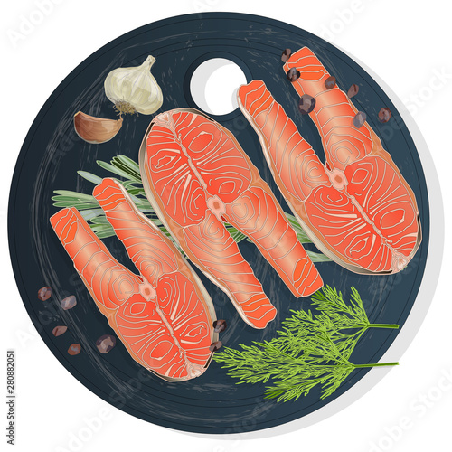 Raw salmon fillets with herbs on wooden desk. White background. Vector illustration