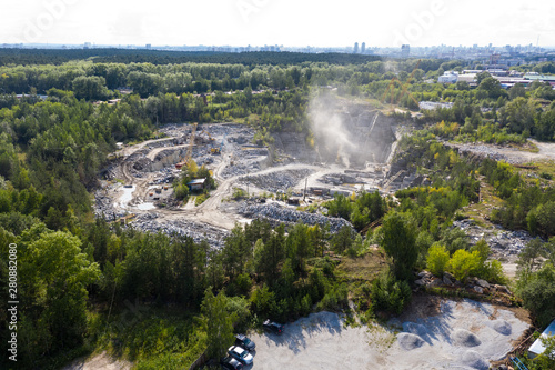 Aerial view over the building materials processing factory. Sand mine. View from above