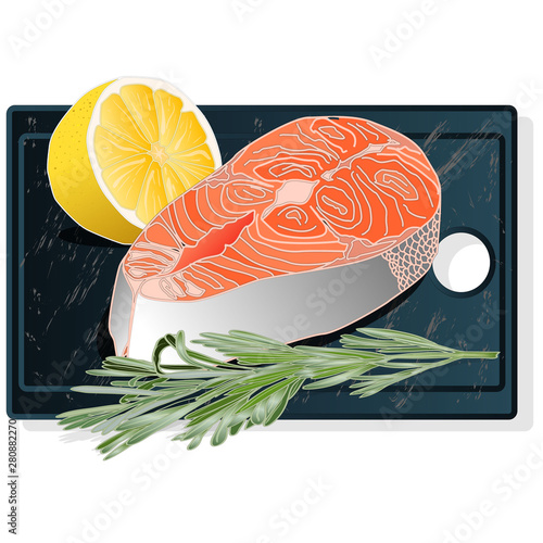 Raw salmon fillets with herbs on wooden desk. White background. Vector illustration
