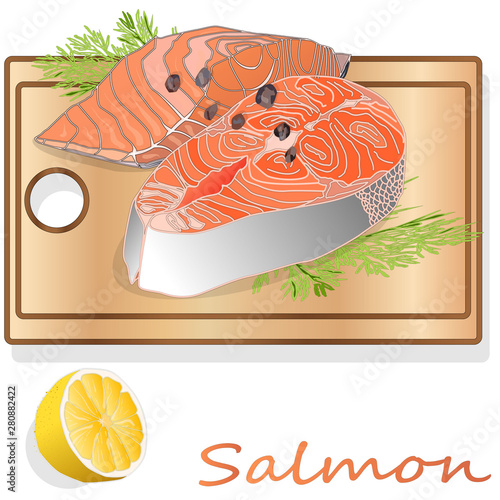 Raw salmon fillets with herbs on wooden desk. White background. Vector illustration