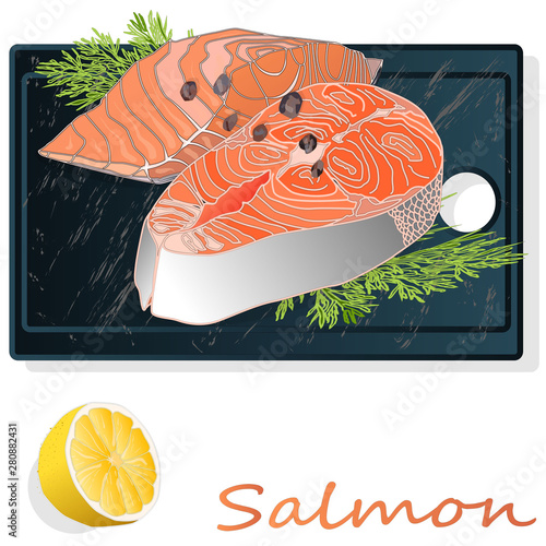 Raw salmon fillets with herbs on wooden desk. White background. Vector illustration