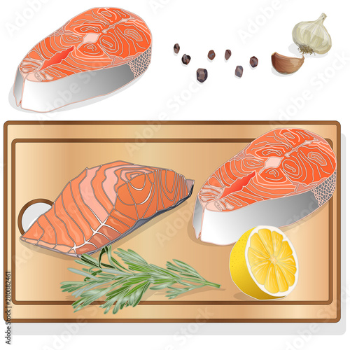 Raw salmon fillets with herbs on wooden desk. White background. Vector illustration