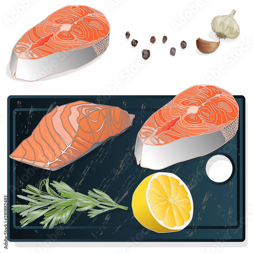 Raw salmon fillets with herbs on wooden desk. White background. Vector illustration