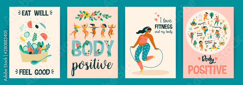 Body positive. Vector templates. Happy plus size girls and active healthy lifestyle.