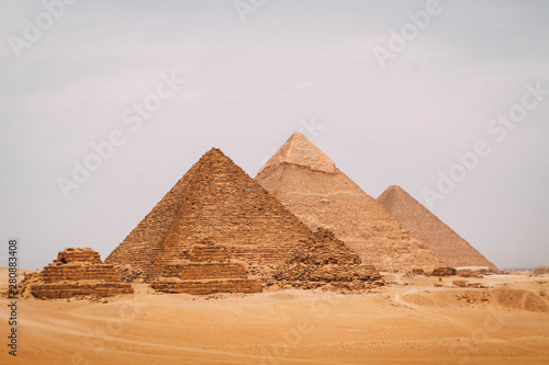 Panoramic view of the six great pyramids of Egypt. Pyramid of Khafre, pyramid of Khufu, and the red pyramid.