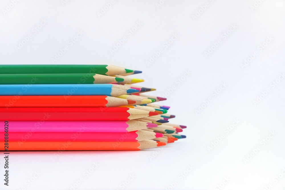 Close-up of a set of colored pencils. Color Therapy Concept.Copy space for text, with selective focus. Close-up of a set of colored pencils. Color Therapy Concept.Copy space for text, with selective focus.