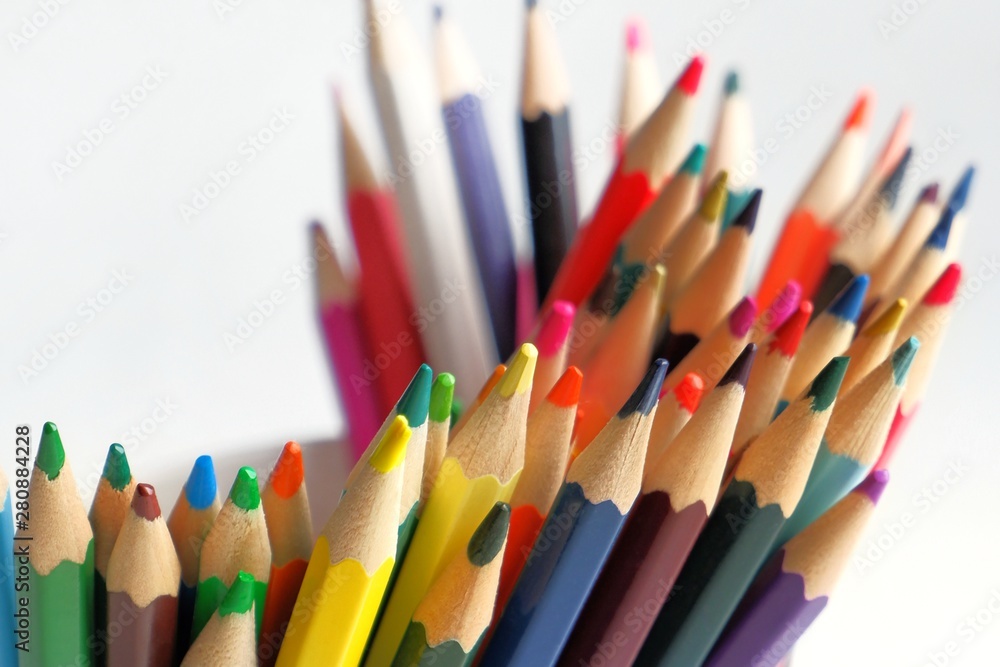Close-up of a set of colored pencils. Color Therapy Concept.Copy space for text, with selective focus. Close-up of a set of colored pencils. Color Therapy Concept.Copy space for text, with selective focus.