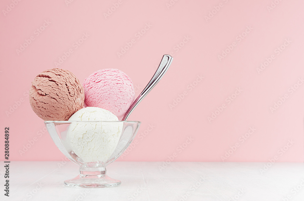 Ice cream scoops different flavor - strawberry, chocolate, creamy