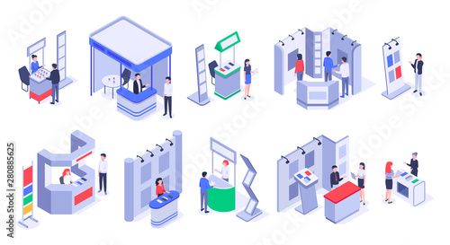 Isometric sale stands. Expo demonstration stand, product exhibition trade stalls and events people. Business trade show, mall marketing event demonstrations stands. Isolated 3d icons vector set