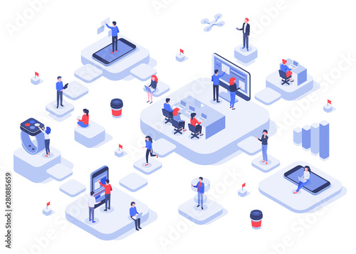 Isometric work team. Cloud workplaces platforms, modern teams workflow process and development company startup. Business technology work achievements, cowork offices 3d vector illustration