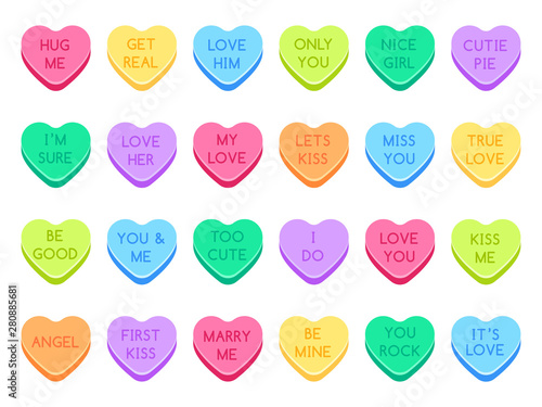 Sweetheart candy. Sweet heart candies, sweets valentines and conversation love hearts candies. Valentine day traditional treats or date candy treat. Isolated flat symbols vector illustration set