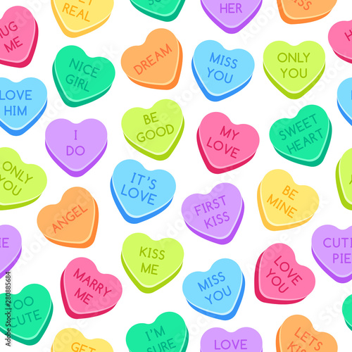Sweet heart candies pattern. Colorful valentines hearts, love conversation candies and sweetheart candy. Kiss me or marry me candy, romantic gift wrapping or greeting card seamless vector illustration