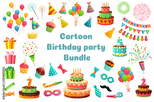 Cartoon birthday party bundle. Sweet celebration cupcakes, colorful balloons and birthday gifts. Delicious dessert cakes, princess carnival items. Isolated vector illustration signs set