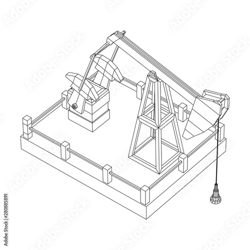 Oil well rig jack. Finance economy polygonal petrol production. Petroleum fuel industry pumpjack derricks pumping drilling. Wireframe low poly mesh vector illustration