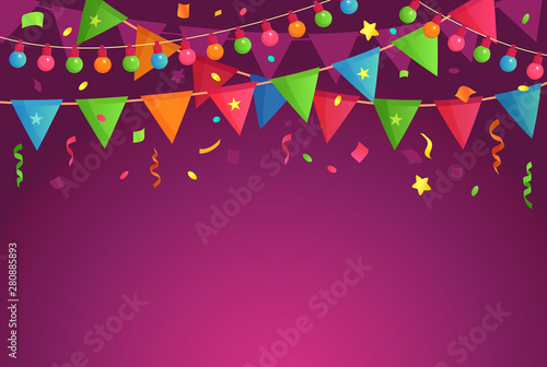Cartoon decoration party. Celebrate birthday flags with confetti, festival background and fun event decorations. Kids party or fair origami garland banner vector illustration
