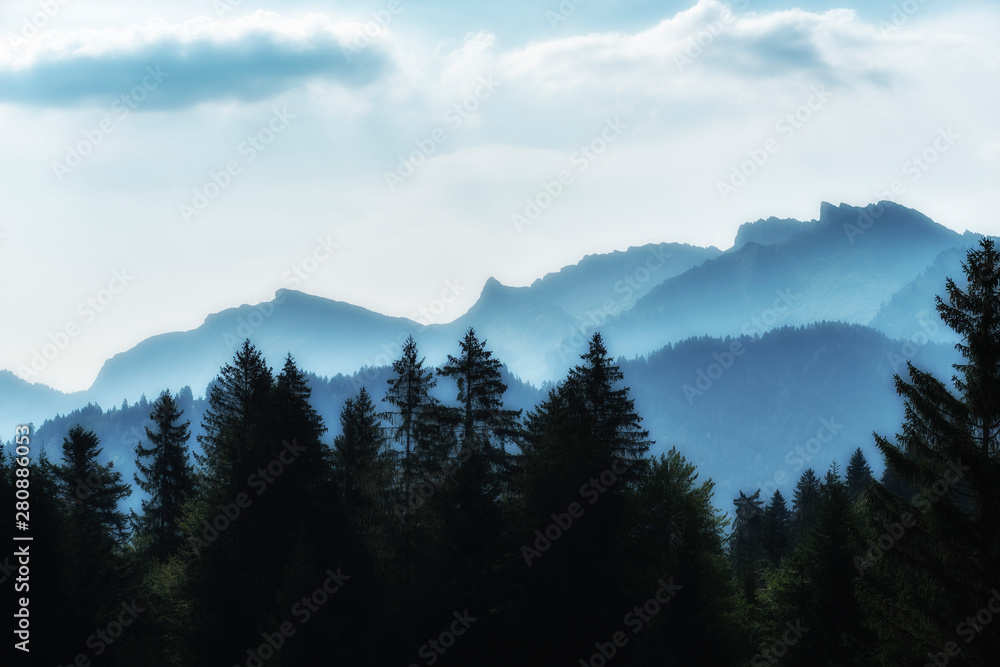 mountain silhouette in the Bregenz Wald near Dornbirn, Vorarlberg Alps, Austria