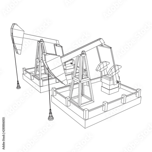 Oil well rig jack. Finance economy polygonal petrol production. Petroleum fuel industry pumpjack derricks pumping drilling. Wireframe low poly mesh vector illustration