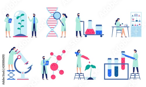 Research scientist. Science laboratory, chemistry scientists and clinical lab. Medical research items, clinical science laboratories experiments. Isolated flat vector illustration icons set