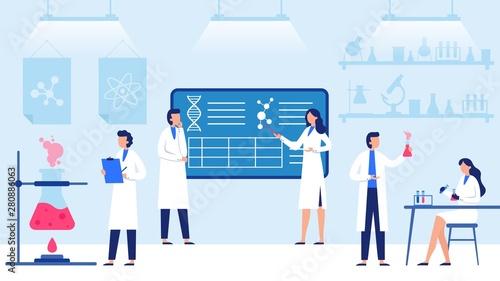 Science laboratory. Scientific lab equipments, professional scientific research and scientist workers. Medical researchers laboratory, biology scientists or doctor vector illustration