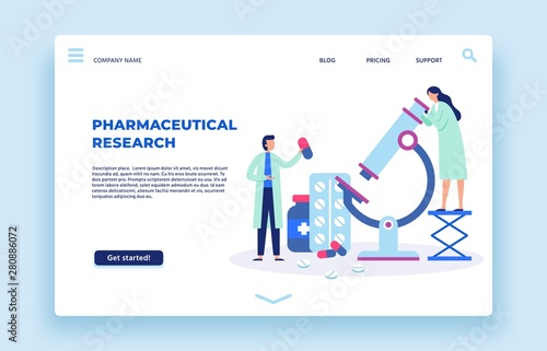 Pharmaceutical research. Scientists lab, pharmaceutics scientist and laboratory researchers landing page. Pills research, doctor pharmaceutic chemical lab studies vector illustration