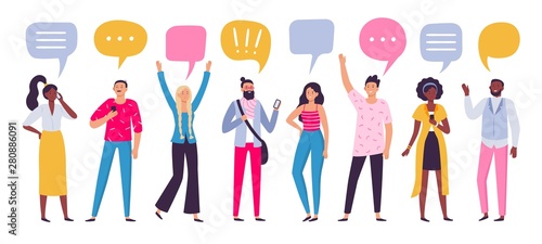 Communicating people. Chat dialog communication, smartphone call talking or speaking people group. Person conversation, discussion talk or brainstorming speaking bubble vector illustration