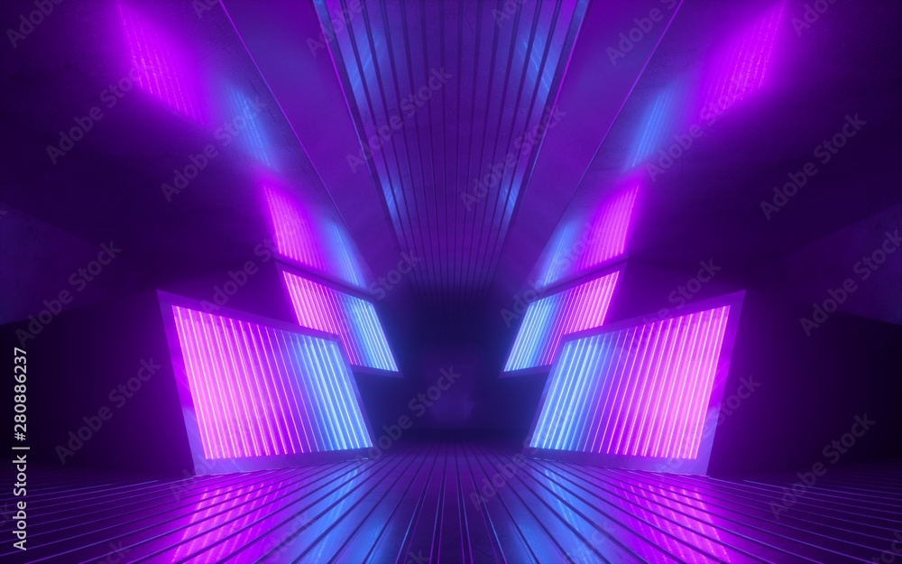 3d render, pink blue neon abstract background, glowing panels in ...