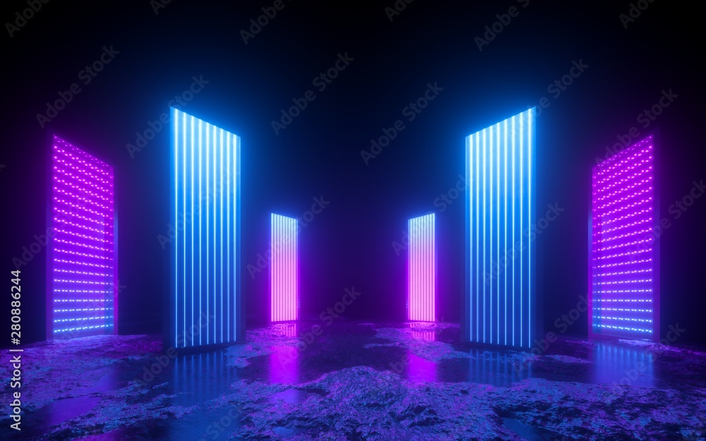 3d render, pink blue neon abstract background, glowing vertical panels in ultraviolet light, futuristic power generating technology, terrain - obrazy, fototapety, plakaty 