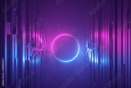 3d render, pink blue neon abstract background with glowing ring, ultraviolet light, laser show, wall reflection, round circle shape