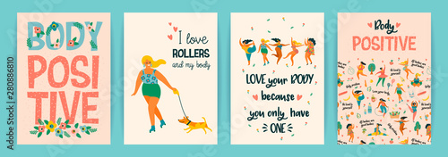 Body positive. Vector templates. Happy plus size girls and active healthy lifestyle.