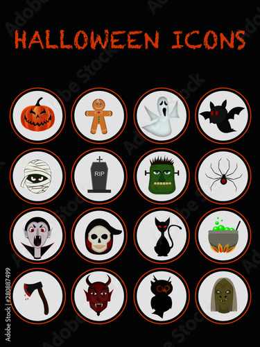 Icone Halloween. Mummia, Dracula, morte, demone, ragno, pipistrello, gufo, strega, tomba, fantasma, mostro, gatto nero, accetta, zucca, biscotto omino, pozione magica