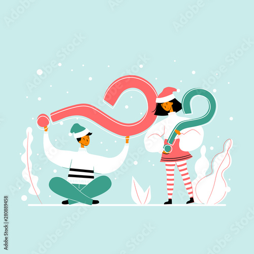 Flat people holding questions marks. Christmas concept.