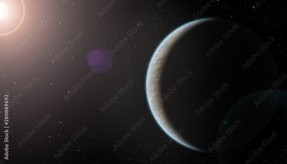 Fototapeta premium Realistic Rocky Planet with Blue Atmosphere and Lens Flare