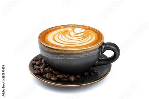 Side view of hot latte coffee with latte art in a vintage matt black cup and saucer isolated on white background with clipping path inside. Image Stacking Techniques.