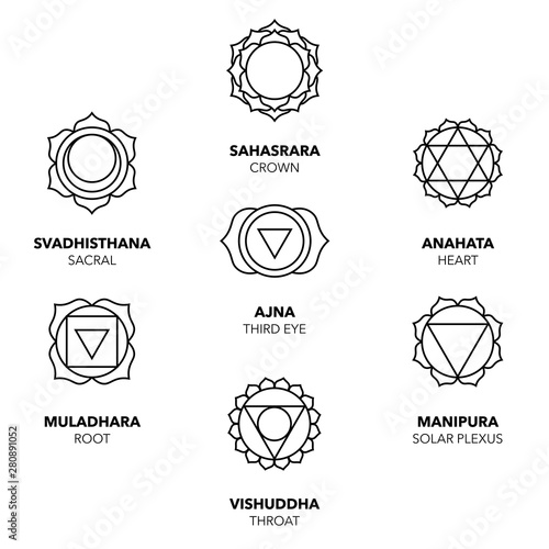 Seven Chakras Icons, simple black graphic set