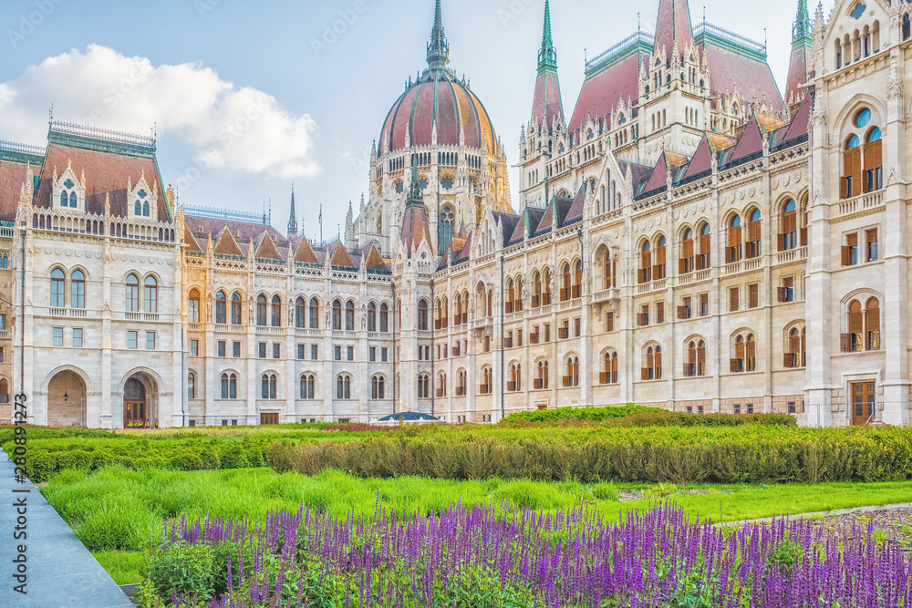 A landscape view of Budapest city, the Hungarian parliament building.