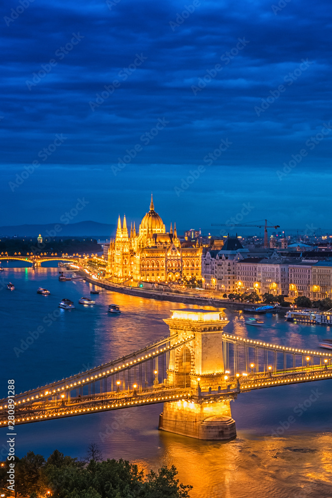 Fototapeta premium Panorama of Budapest at night. Hungarian landmarks.