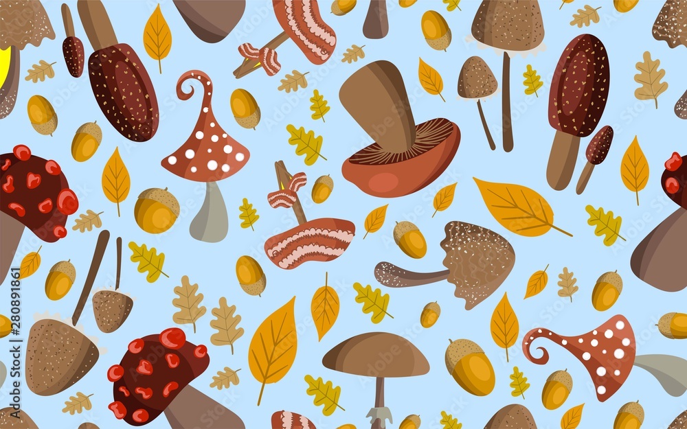 Autumn seamless pattern. Pattern with forest mushrooms, acorns and yellow leaves.