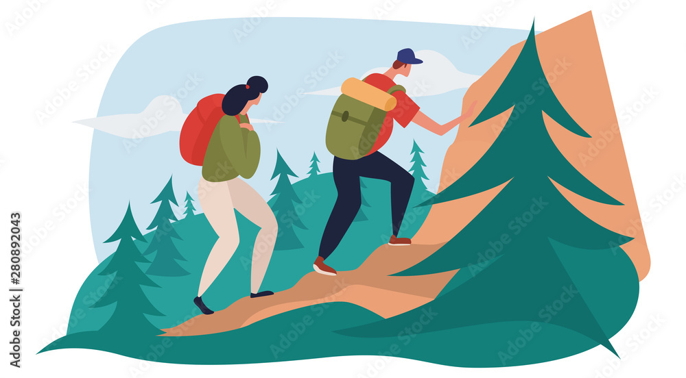 Man and woman are hiking in mountains, carrying heavy bag packs. Physical activities in mountains, climbing the rocks. Flat cartoon vector illustration.