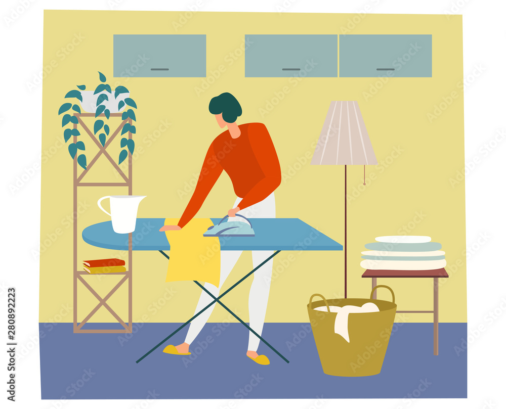 Woman is ironing cloth and having work about the house. Cleaning home theme. Flat cartoon vector illustration.