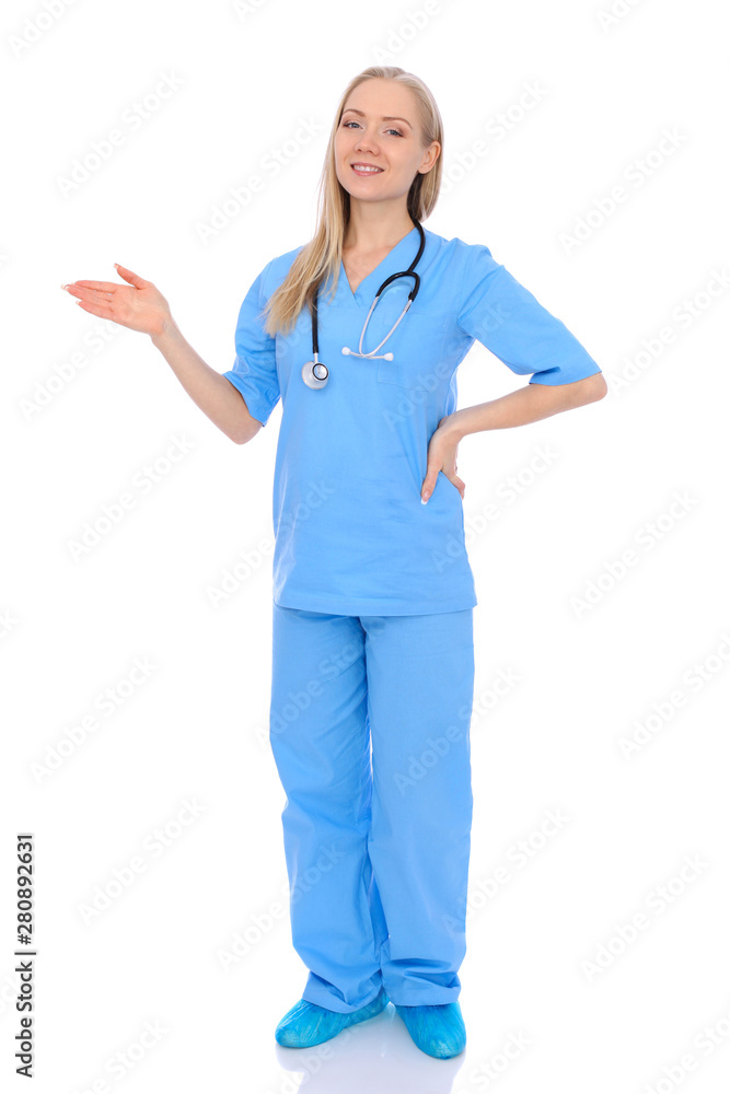 Doctor woman or nurse isolated over white background. Cheerful smiling medical staff representative. Medicine concept Doctor woman or nurse isolated over white background. Cheerful smiling medical staff representative. Medicine concept