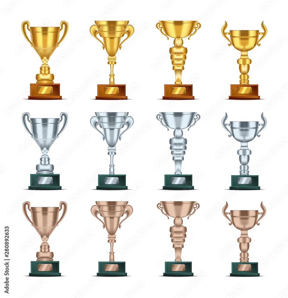 Set of realistic Golden, silver and bronze Trophy with text plate for champions. Sport winners cup. Vector Illustration Set of realistic Golden, silver and bronze Trophy with text plate for champions. Sport winners cup. Vector Illustration