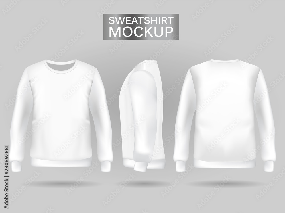 Blank men's white sweatshirt in front, back and side views. Vector ...