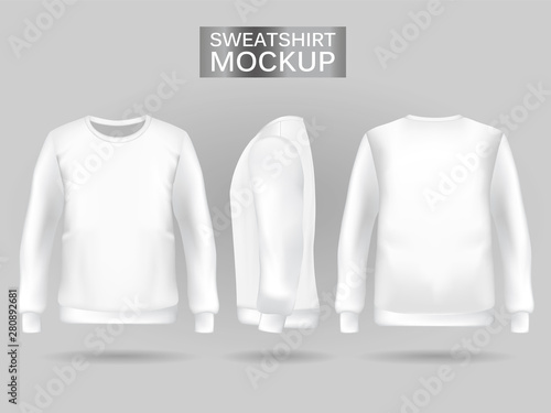 Blank men's white sweatshirt in front, back and side views. Vector illustration. Realistic male clothes for sport and urban style
