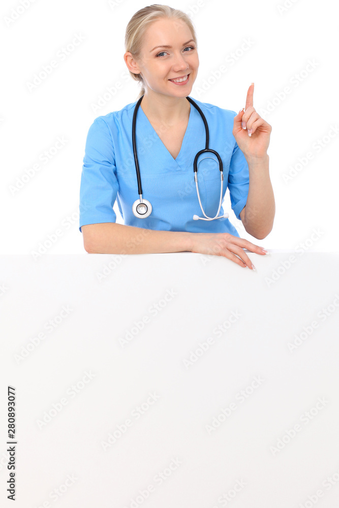 Doctor woman or nurse isolated over white background. Cheerful smiling medical staff representative. Medicine concept Doctor woman or nurse isolated over white background. Cheerful smiling medical staff representative. Medicine concept