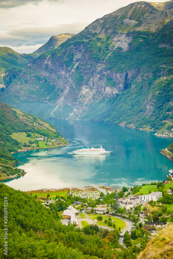 Fjord Geirangerfjord with cruise ship, Norway.