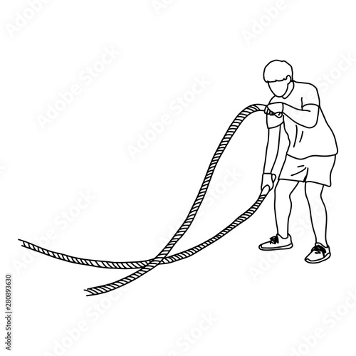 man with battle rope doing exercise vector illustration sketch doodle hand drawn with black lines isolated on white background